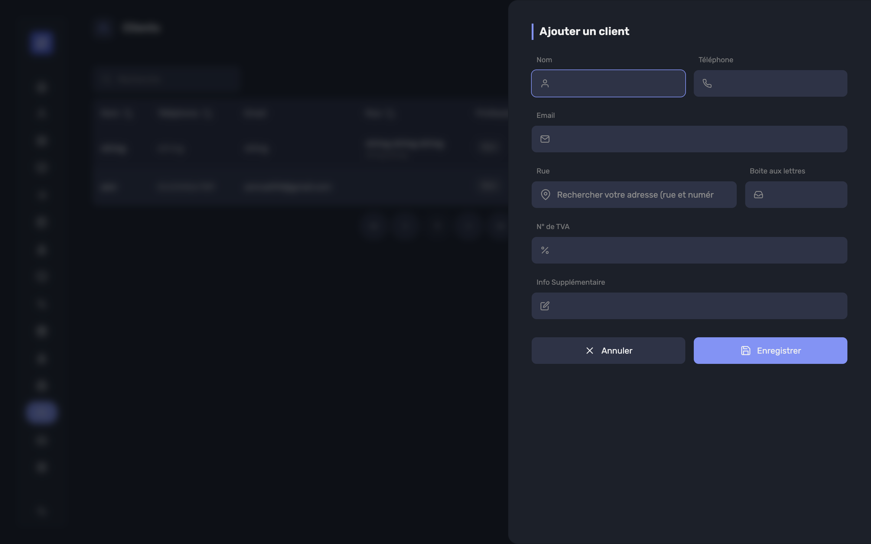 La fenêtre de nouveau client, avec nom, téléphone, e-mail et adresse