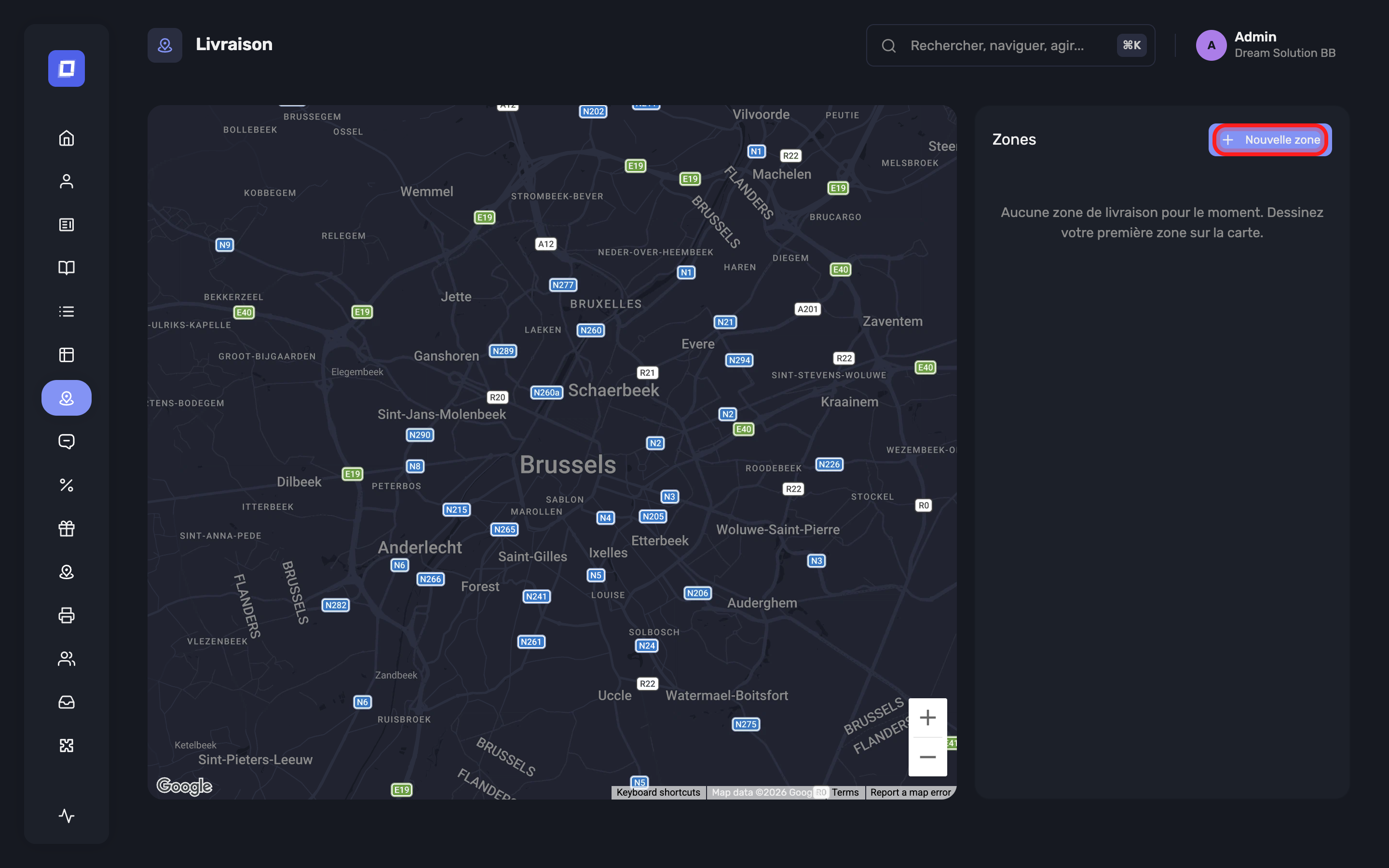 Le bouton Nouvelle zone sur la carte des zones de livraison
