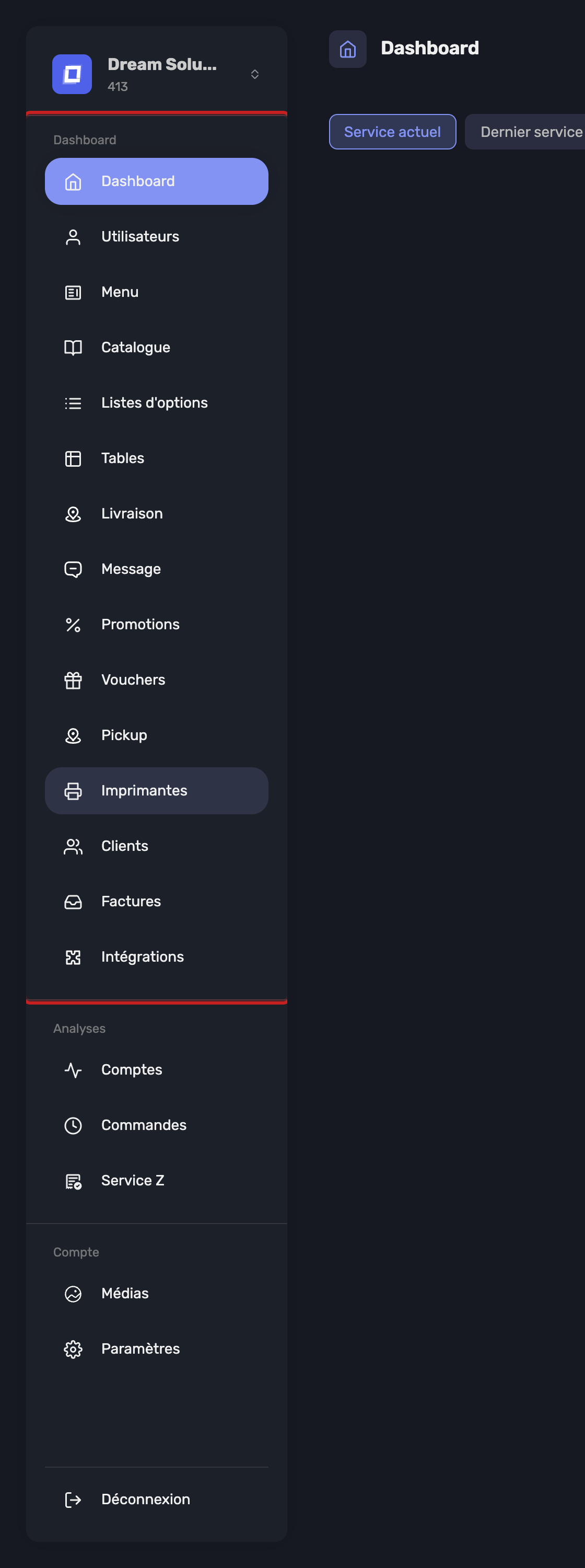 L'entrée Dashboard dans la barre latérale