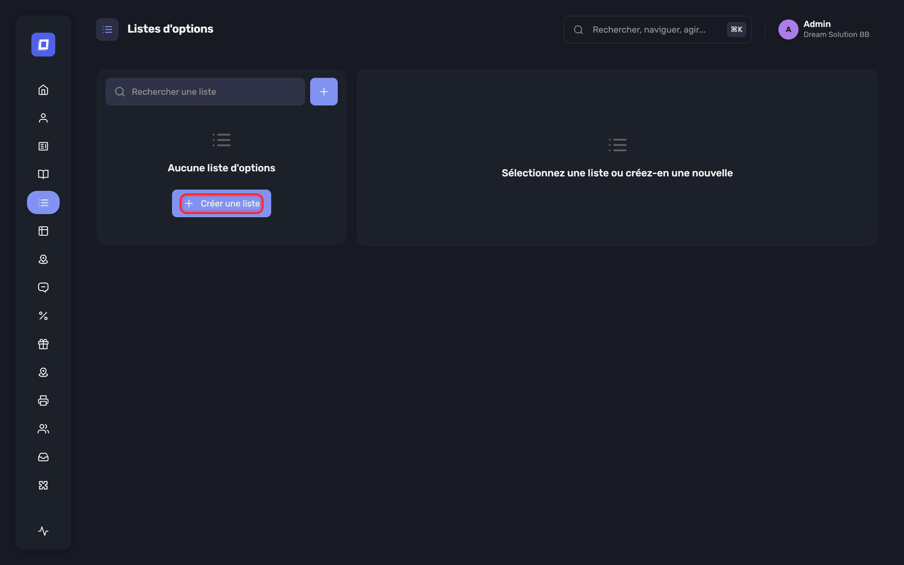 Le bouton Créer une liste sur la page des listes d'options