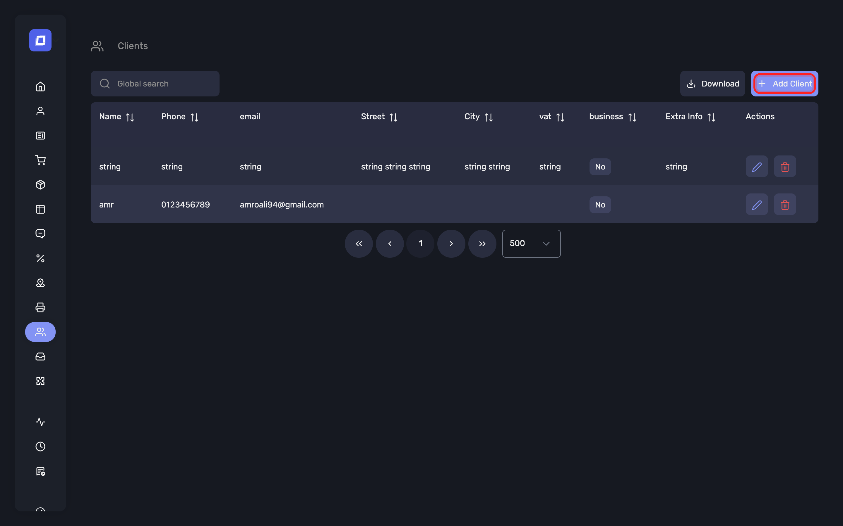 The Add Client button on the clients page