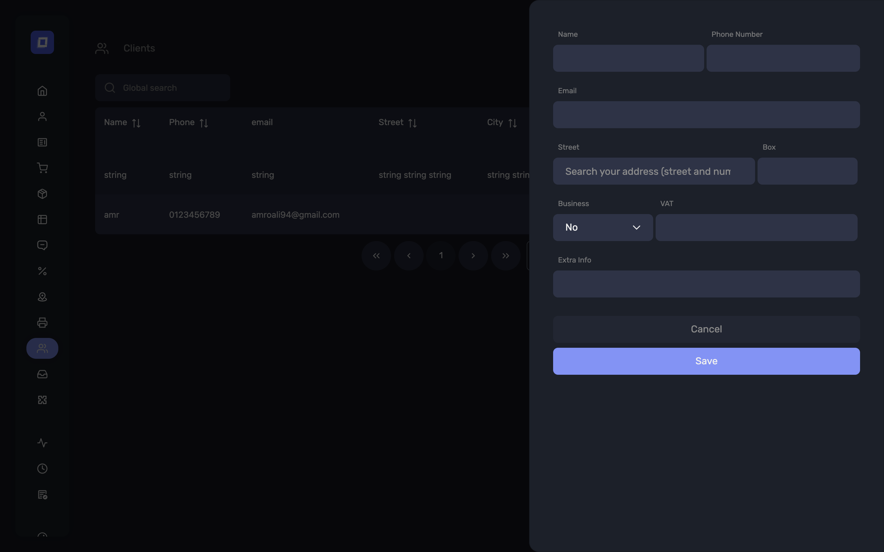 The new client dialog, with name, phone, email and address
