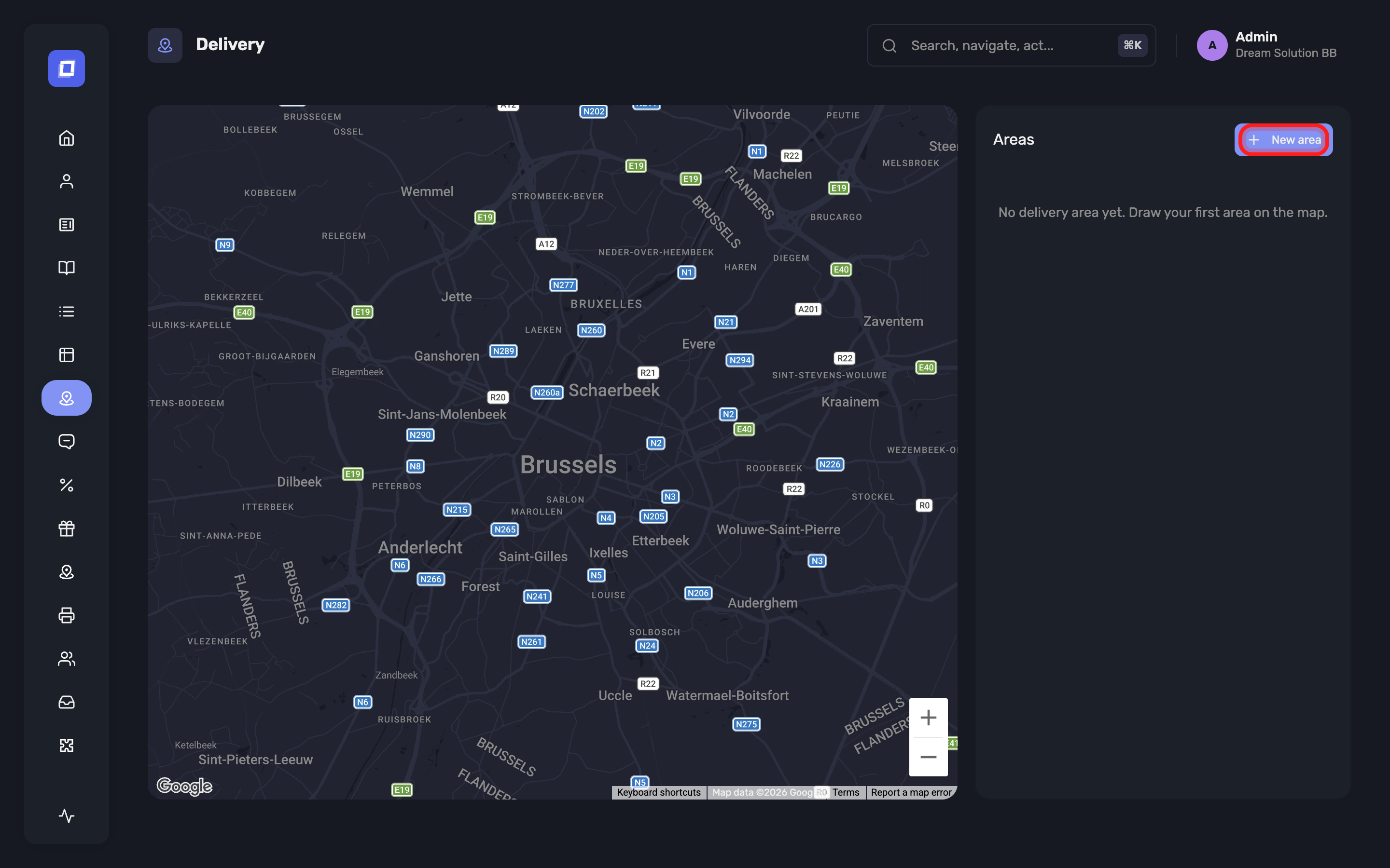 The New area button on the delivery areas map