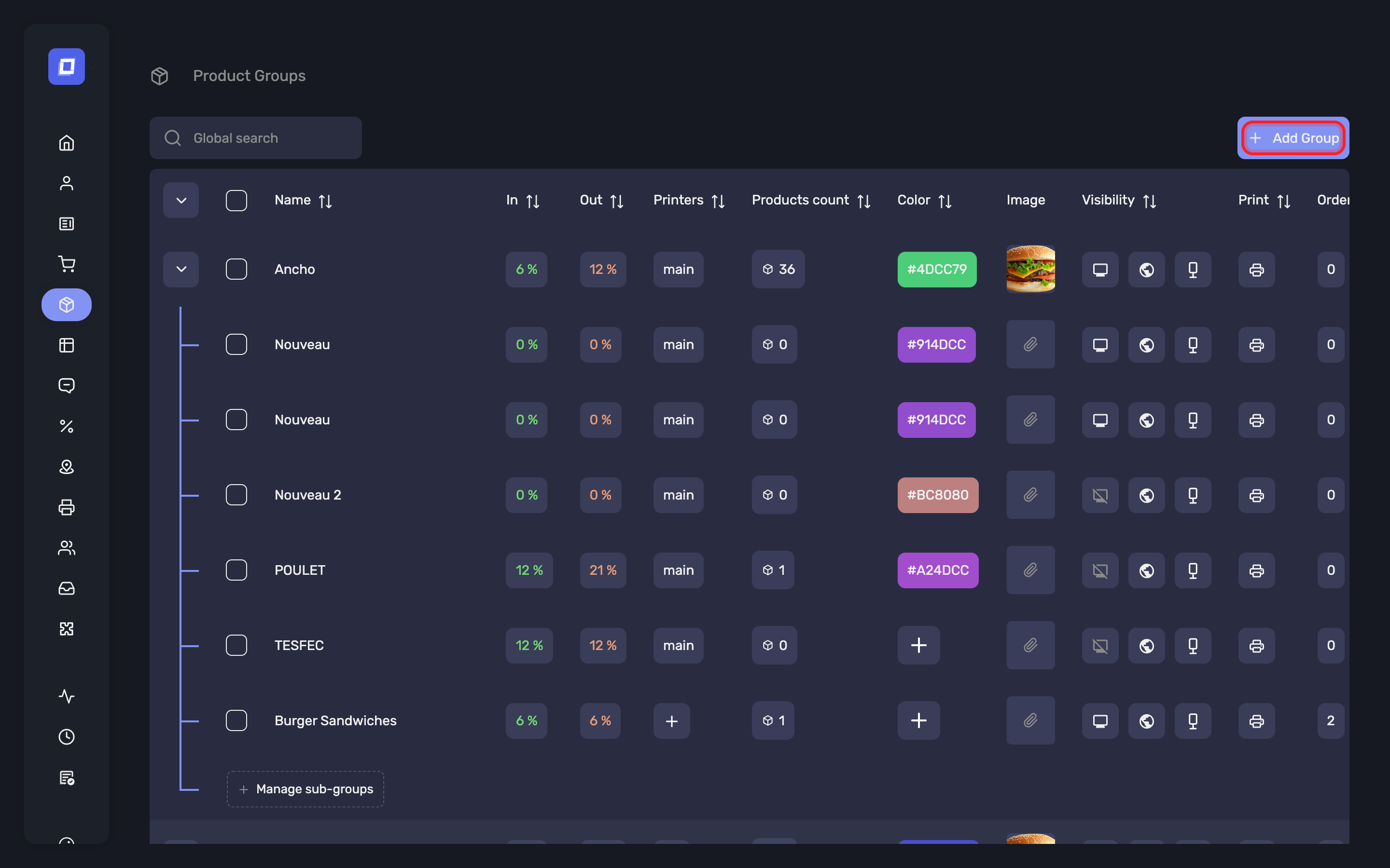 The Add Group button on the product groups page