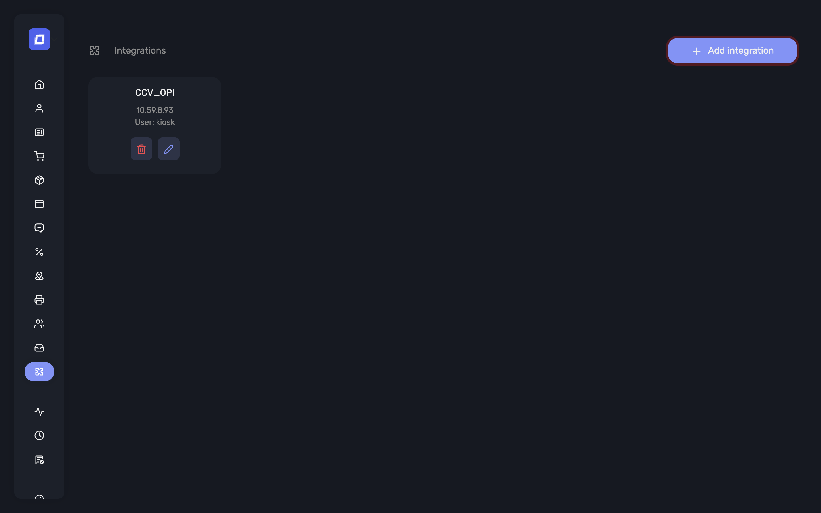 The Add integration button on the integrations page
