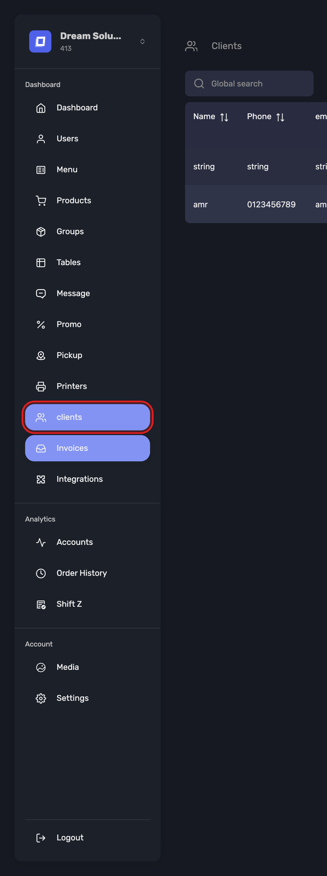 The clients entry in the sidebar