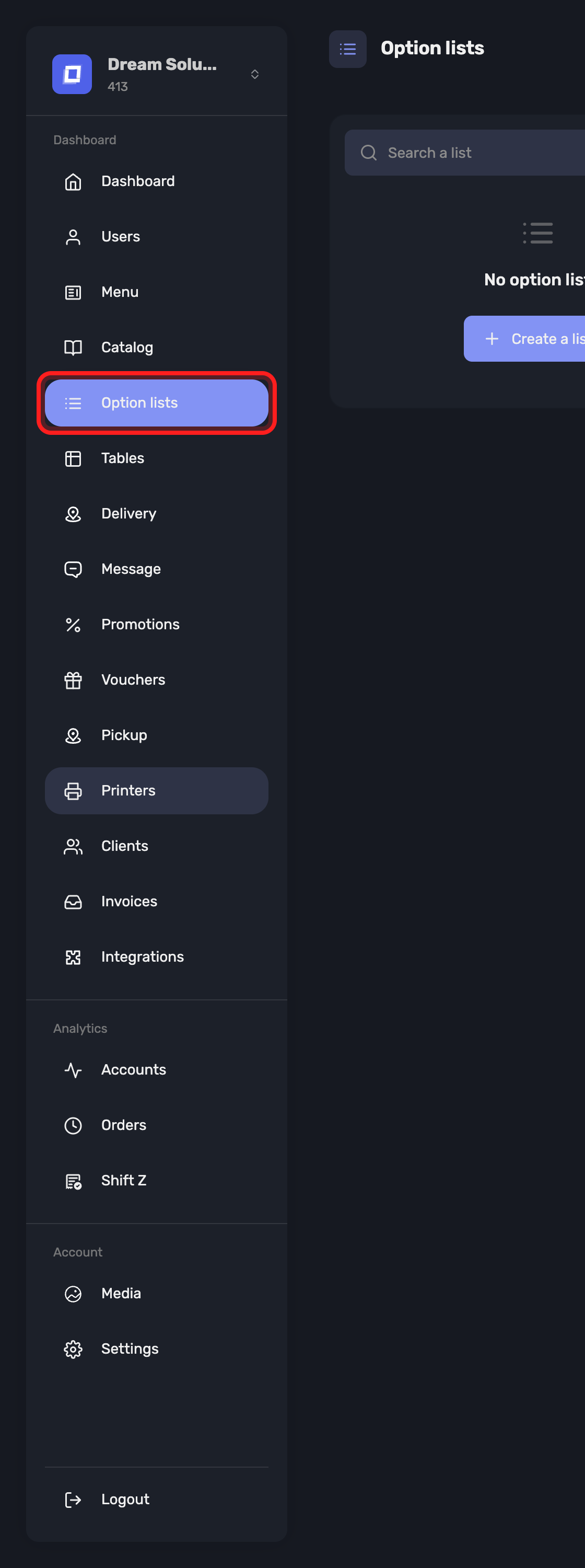 The Option lists entry in the sidebar