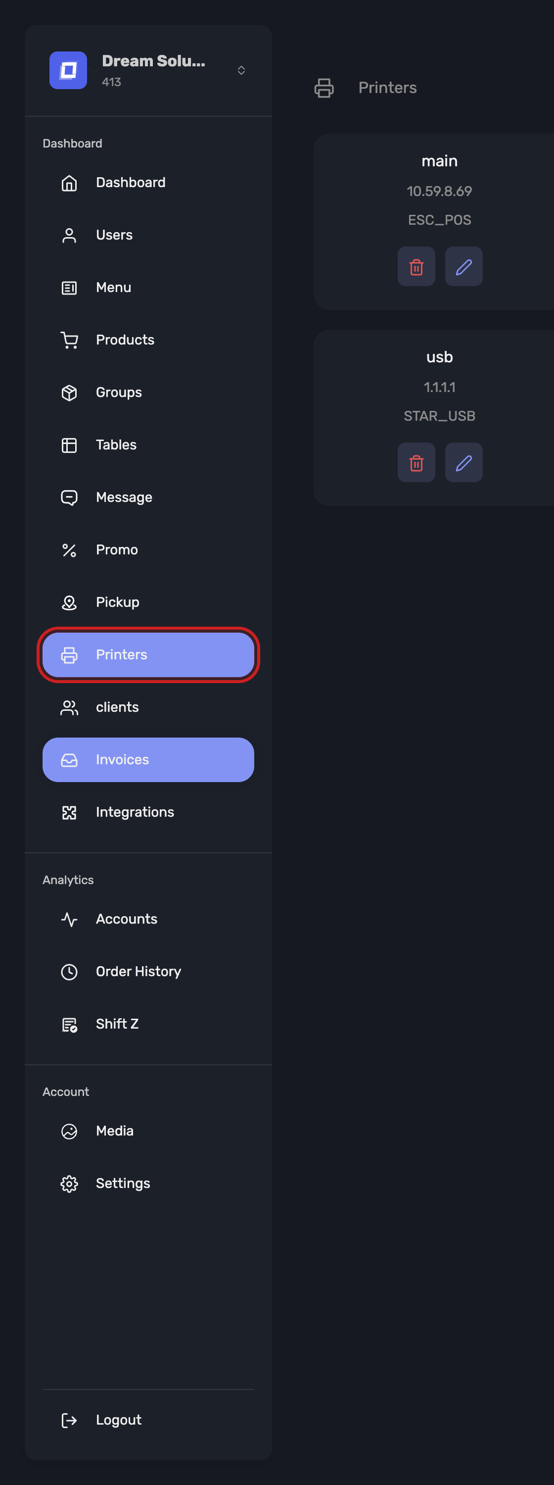 The Printers entry in the sidebar