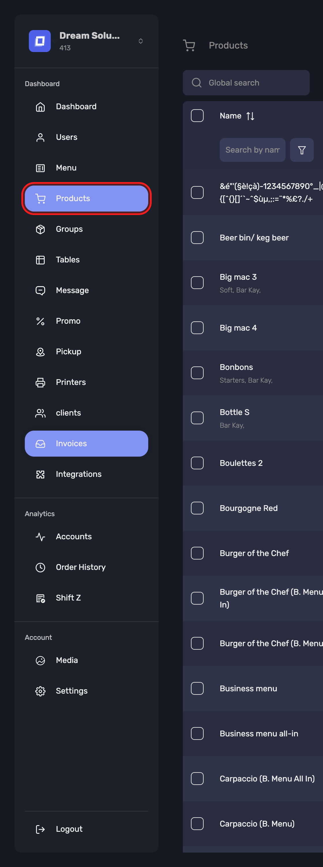 The Products entry in the sidebar