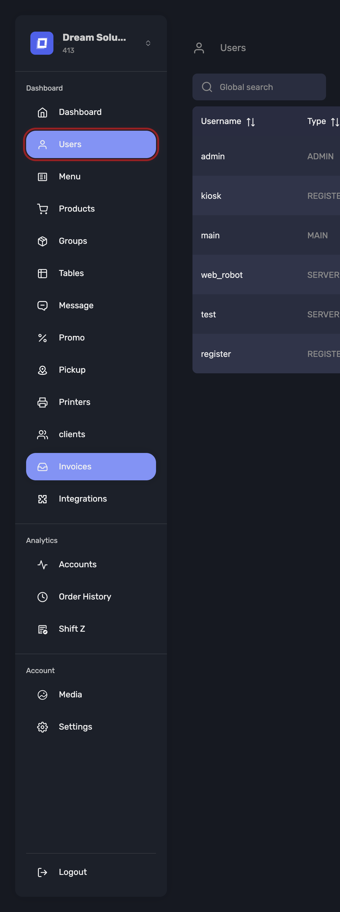 The Users entry in the sidebar