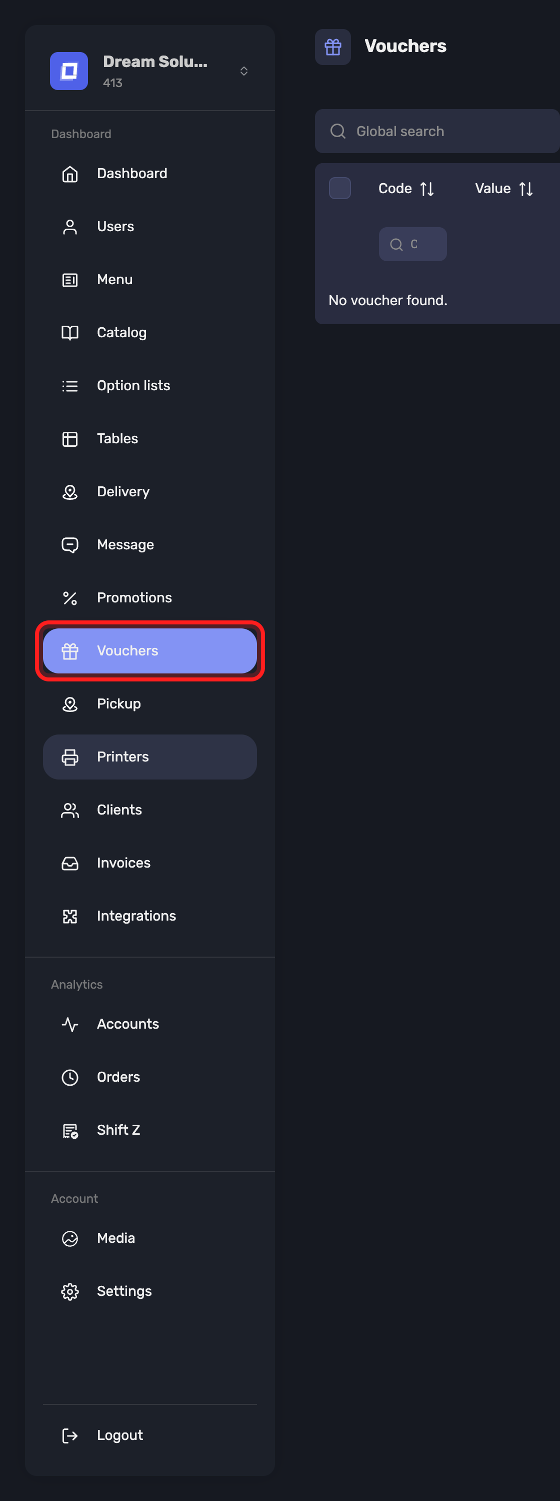 The Vouchers entry in the sidebar