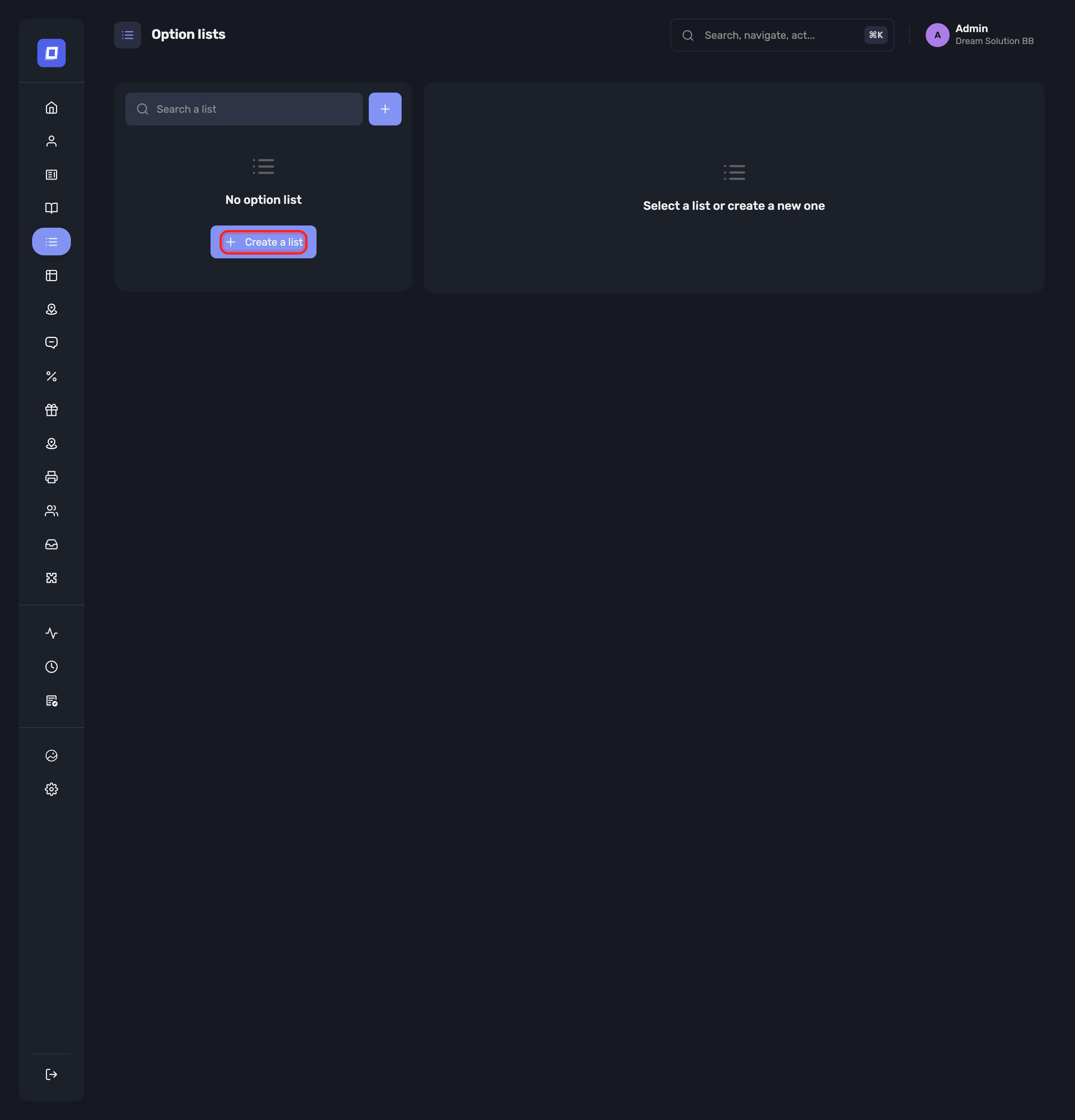 The Create a list button on the option lists page