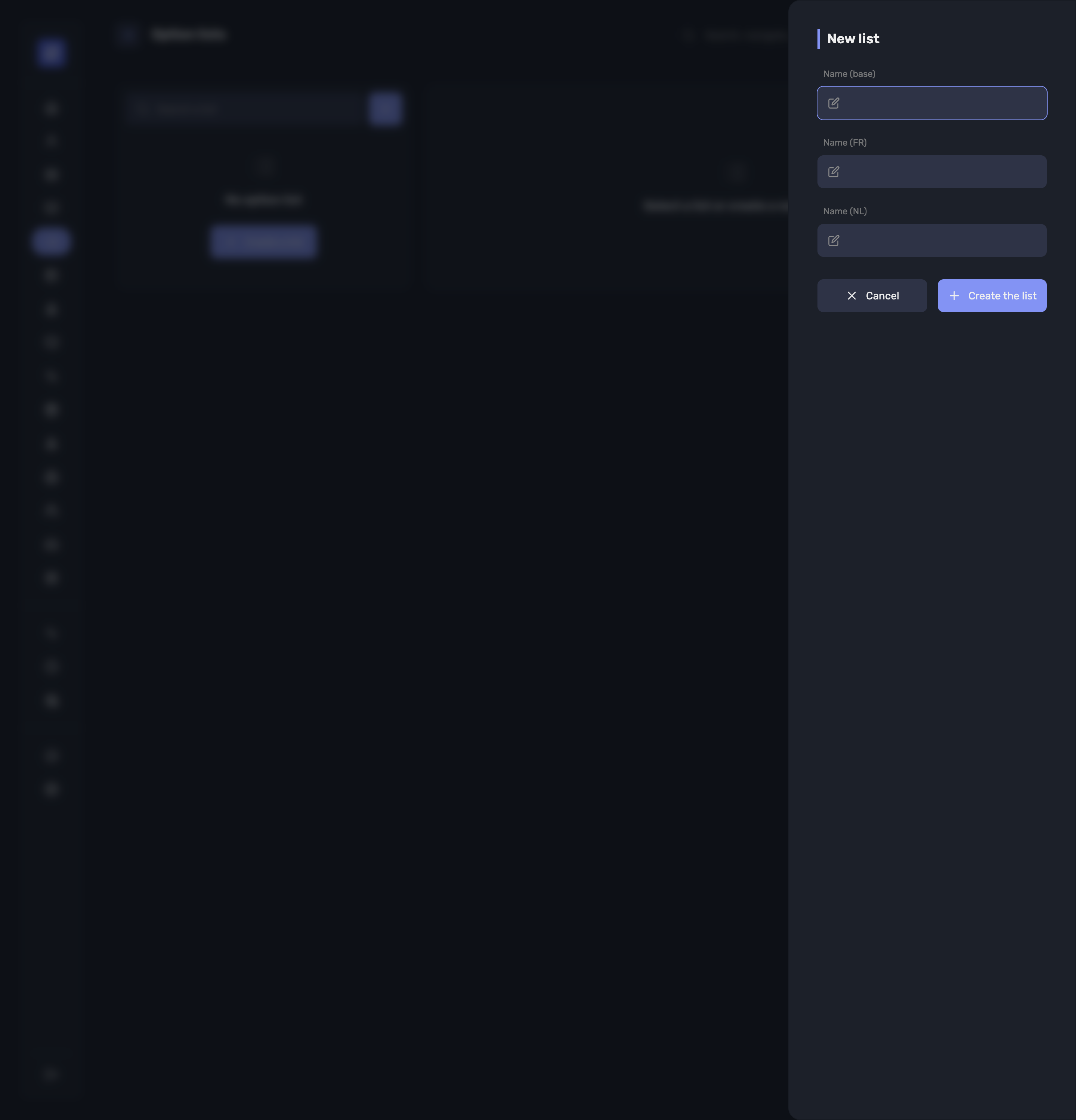 The new option list dialog, asking for the name in each language