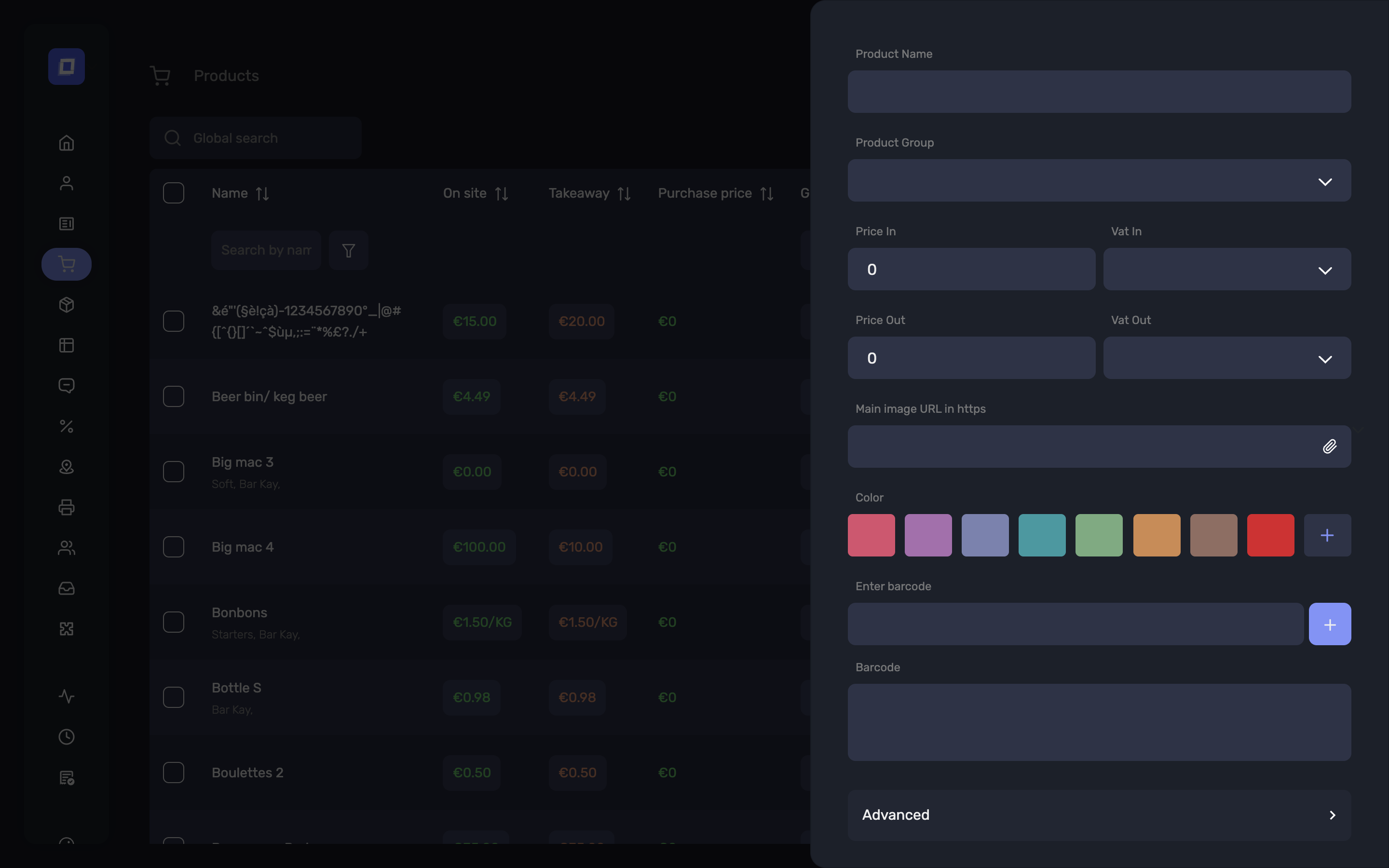 The new product dialog, with name, group, prices and VAT