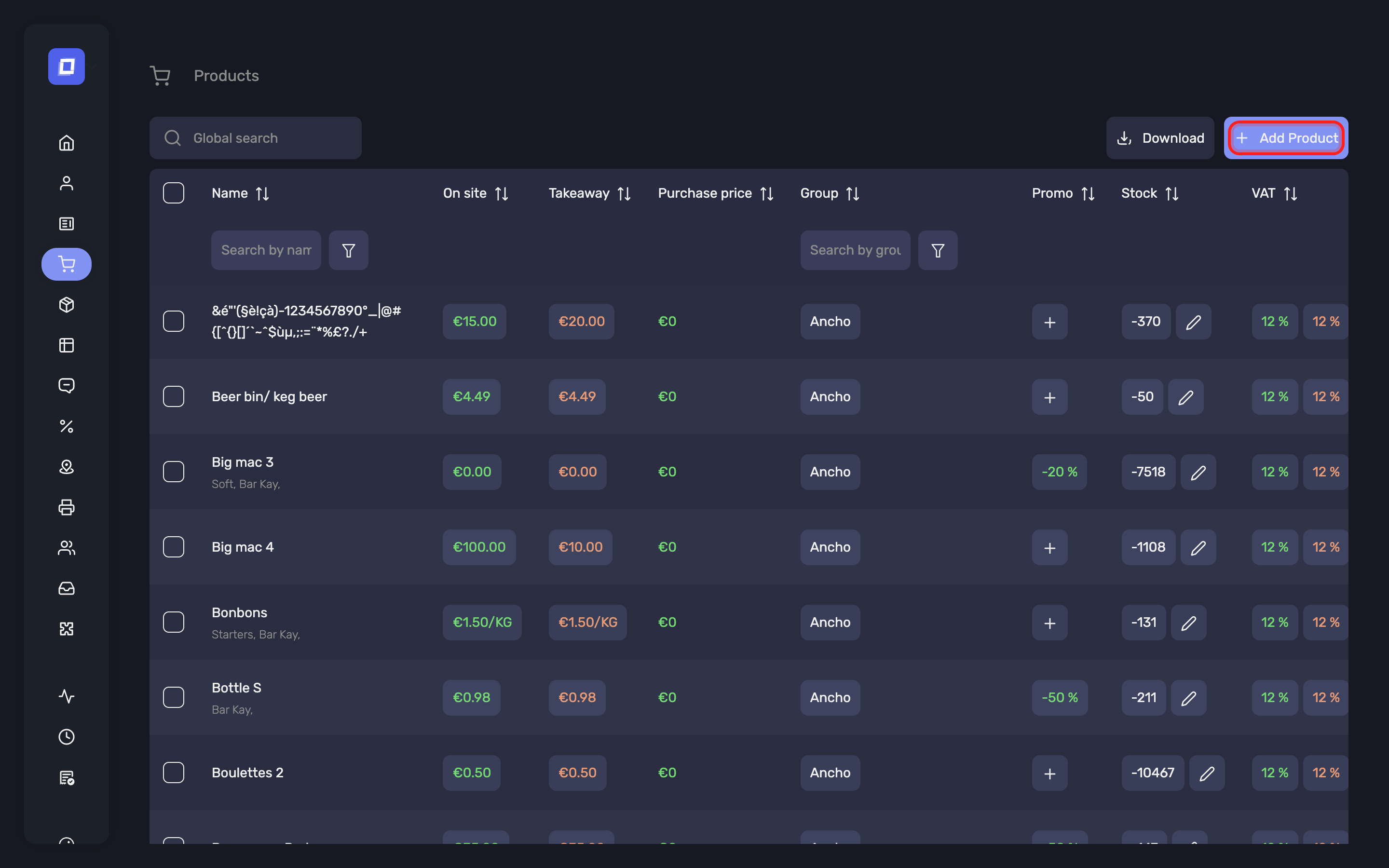 The products list, with the Add Product button ringed
