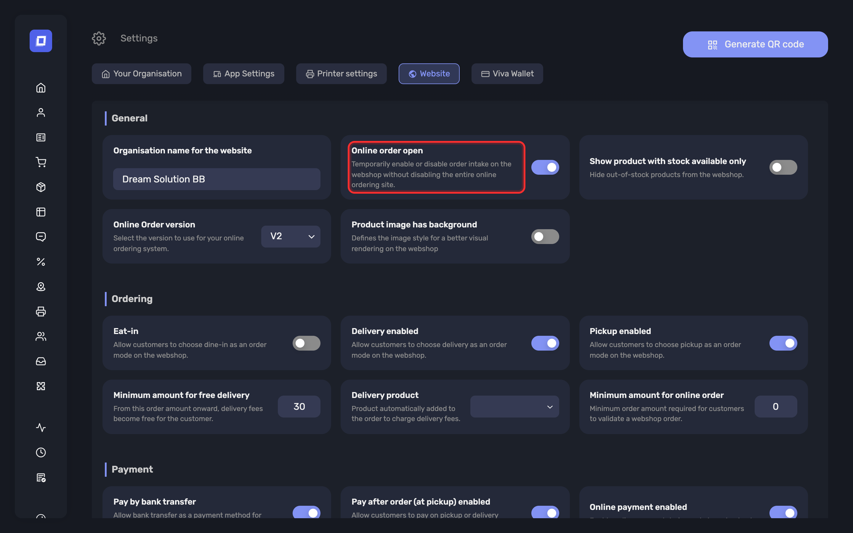 The Website tab of the Settings page