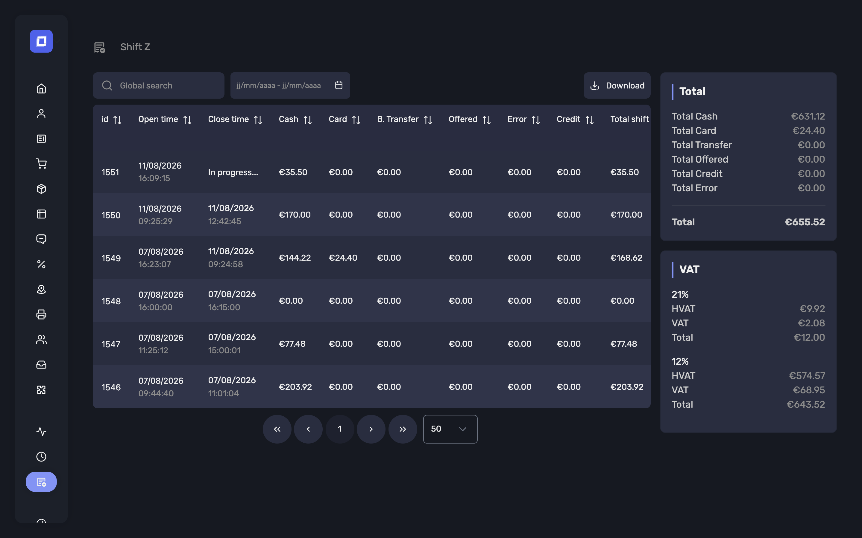 The first row action on the shift list, which opens that shift's accounts