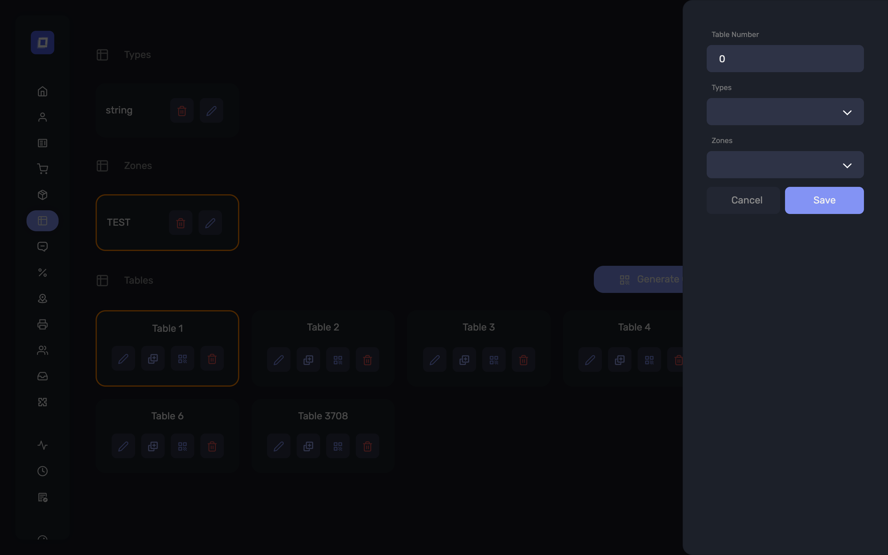 The new table dialog, with table number, type and zone