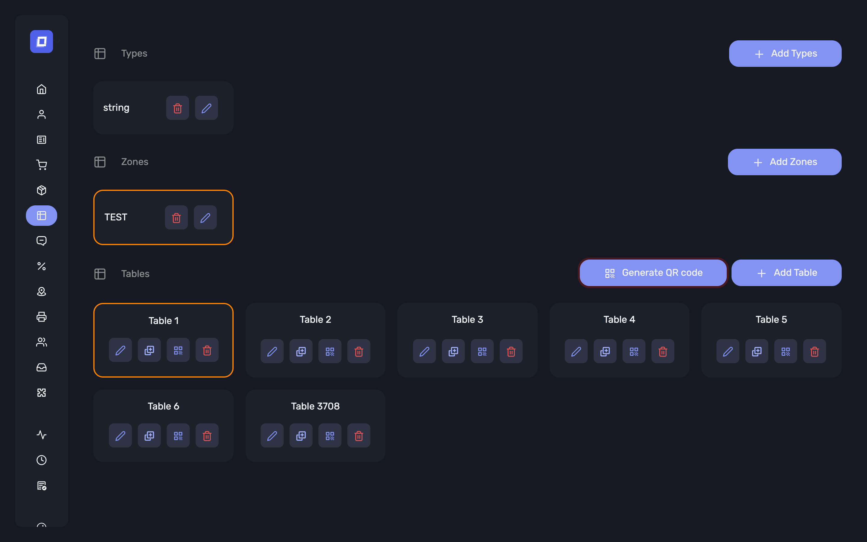 The Generate QR code button on the tables page