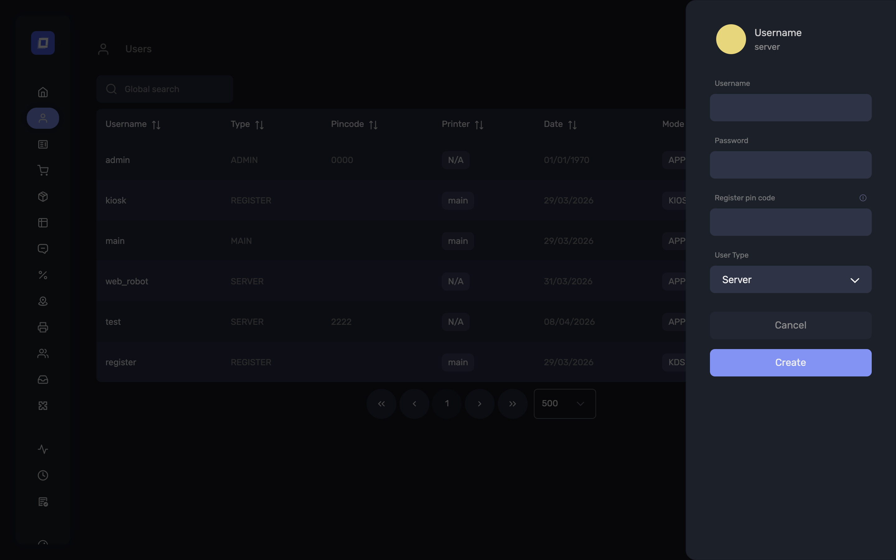 The new user dialog, asking only for username, password, type and PIN
