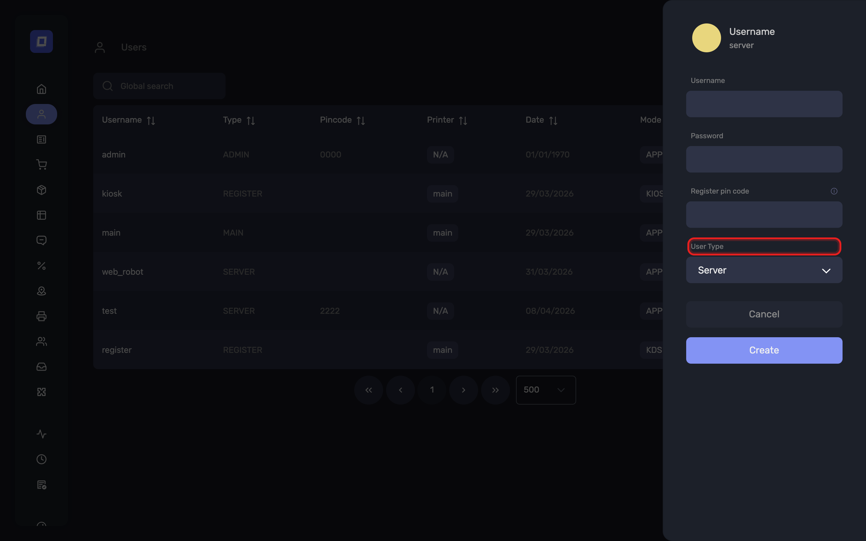 The User Type field on the new user dialog