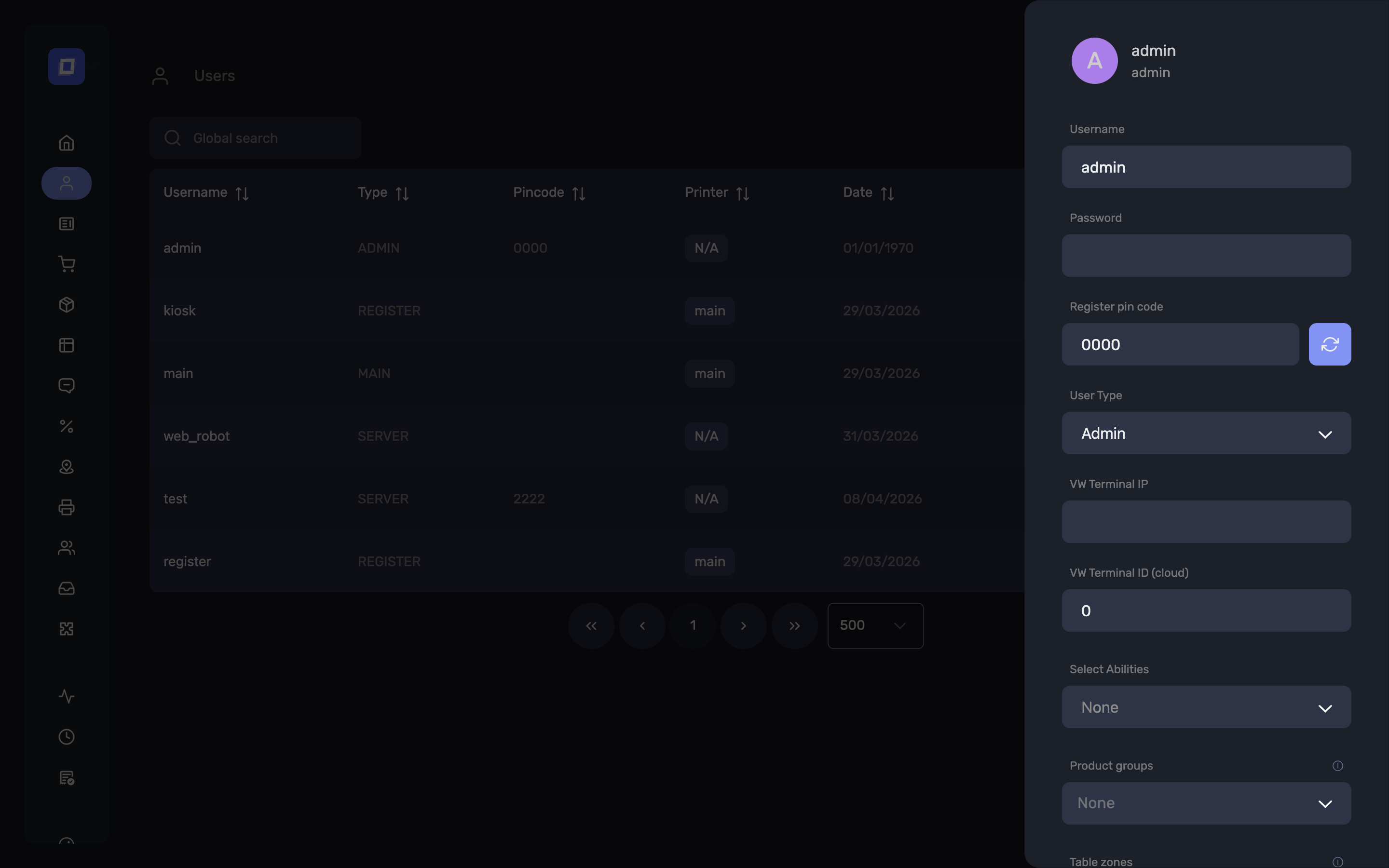 The user edit panel, showing the full set of settings