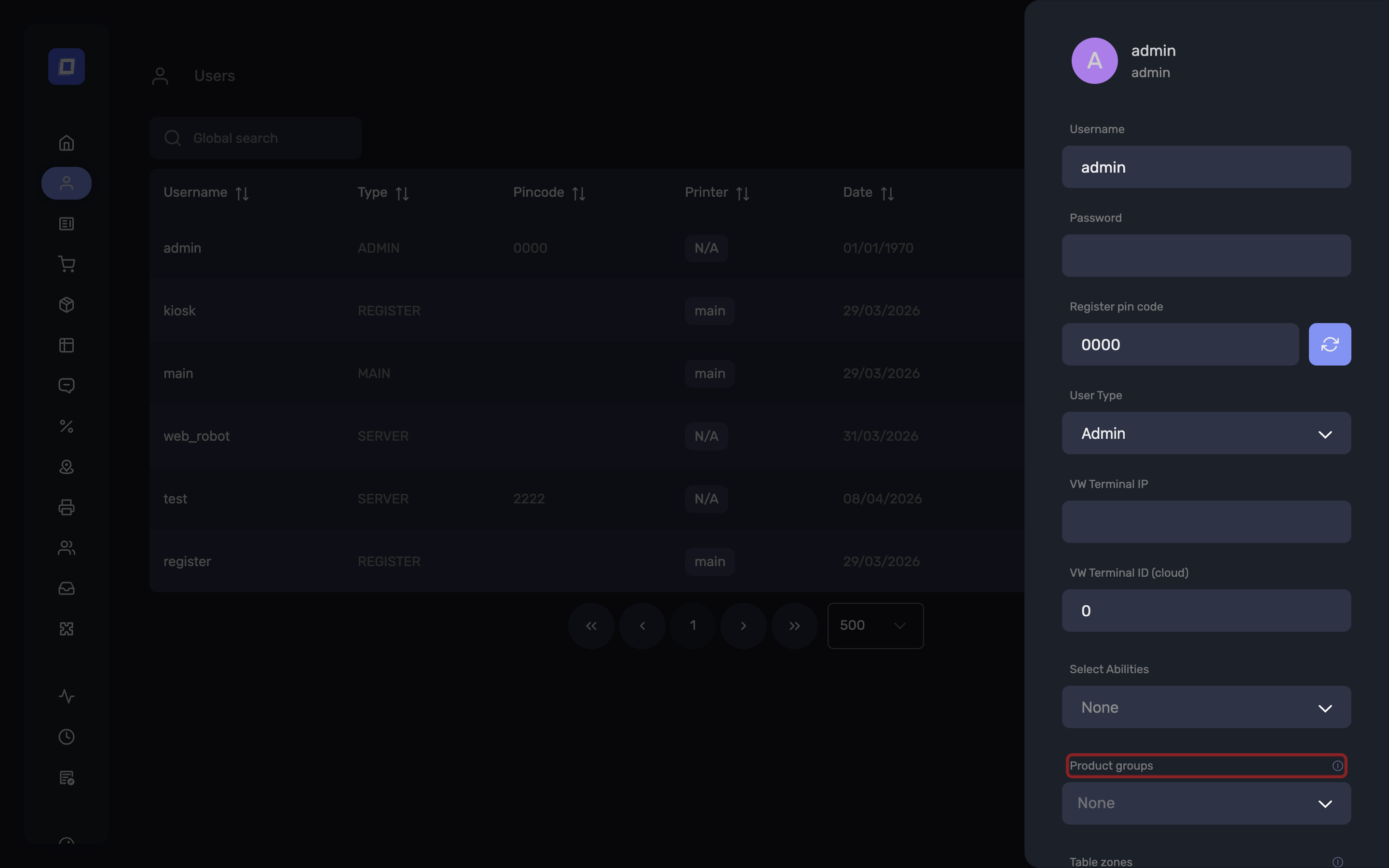 The Product groups field, restricting a user to part of the catalog