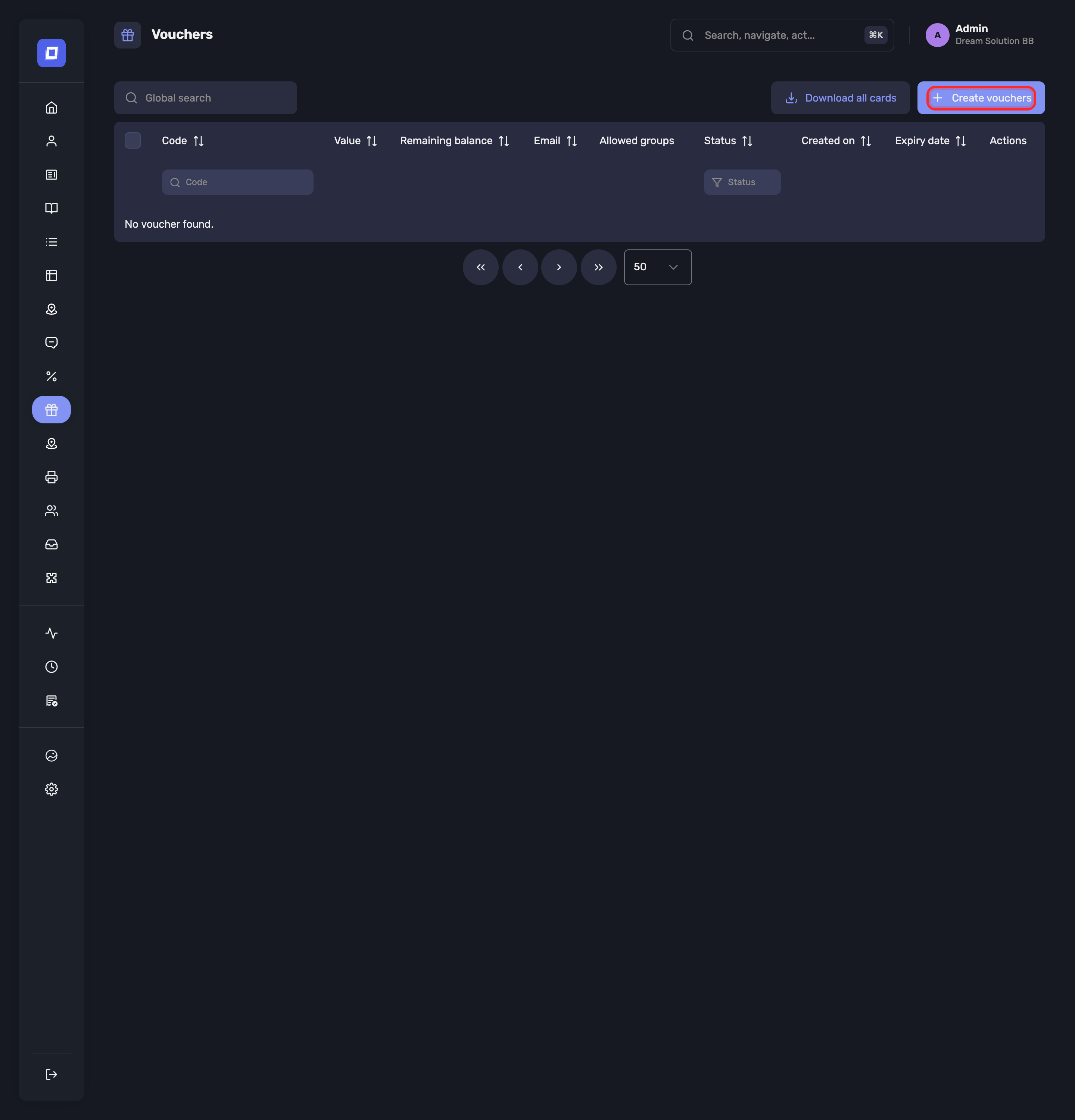 The Create vouchers button on the vouchers page