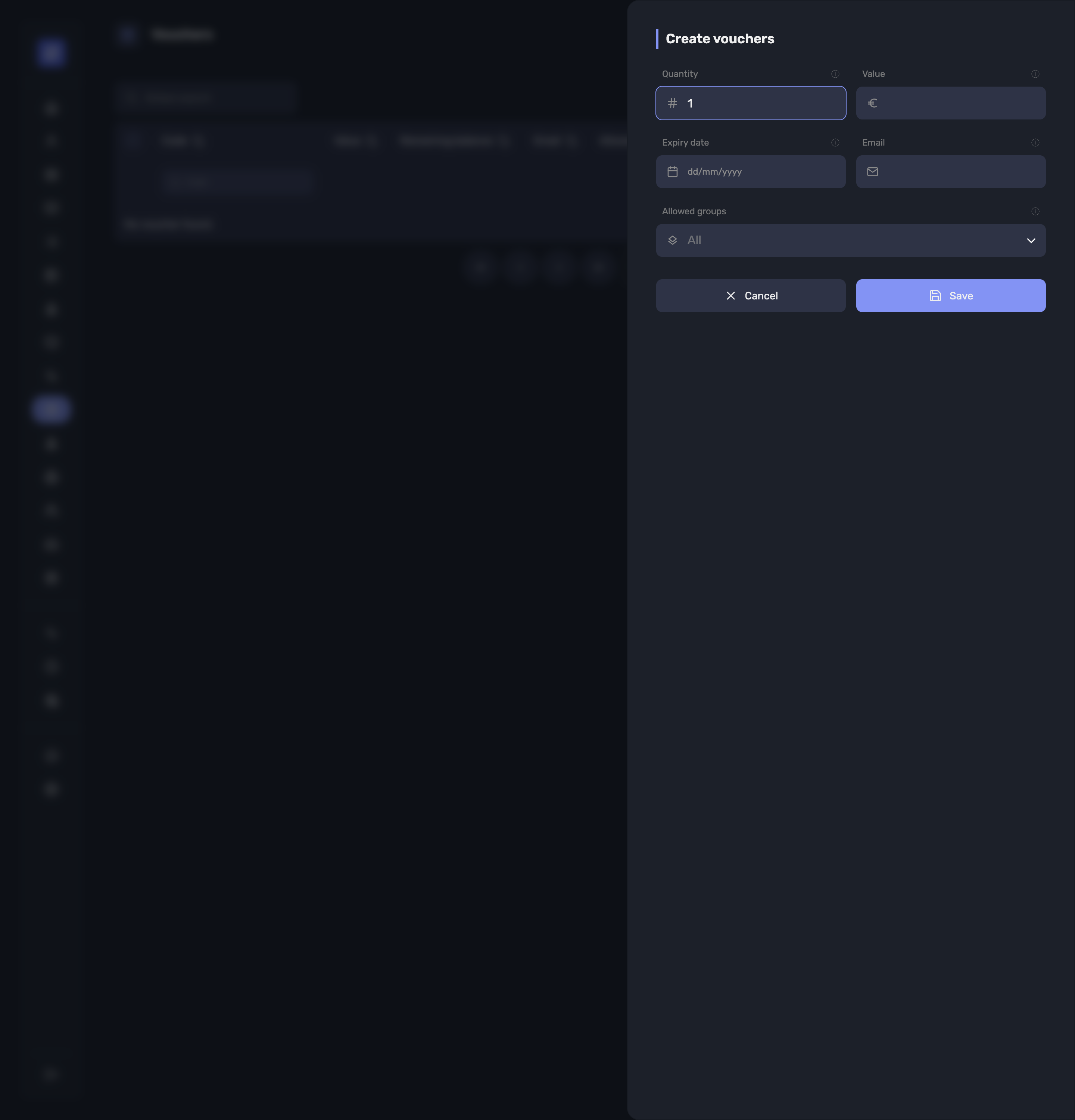 The new voucher batch dialog, with quantity, value, expiry and allowed groups